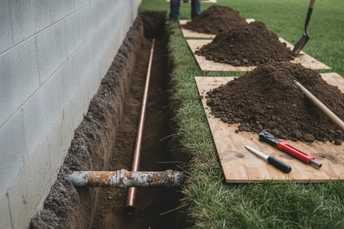 Excavated water line trench during Sewer Line Repair in Twin Oaks